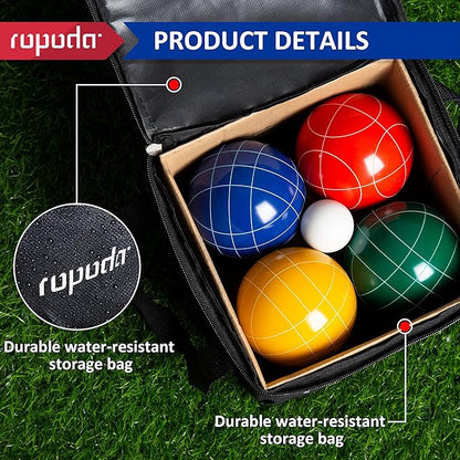 ropoda 90mm Bocce Ball Set with 8 Polyresin Balls, Pallino, Case and Measuring Rope for