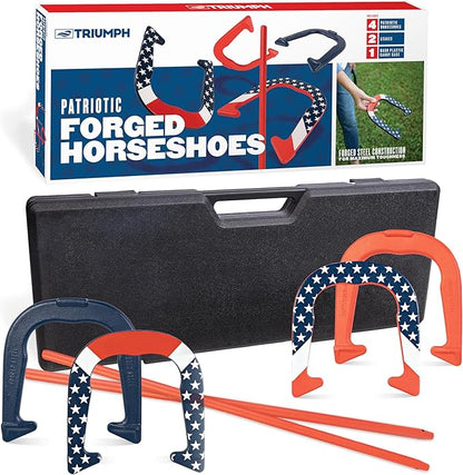 Triumph Forged and Steel Horseshoe Set Complete with 4 Horseshoes, 2 Stakes - Patriotic or Blue and