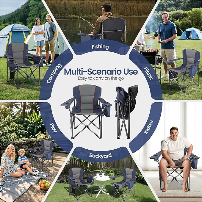 2 Pack Heavy Duty Oversized Camping Chair for Adults 400lbs w/Lumbar Support - Folding Chairs with