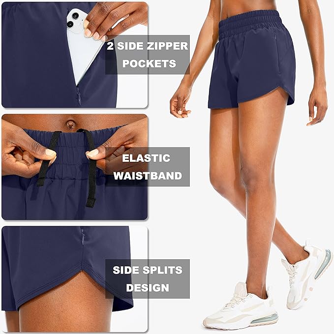 SANTINY Women's Running Shorts with Zip Pockets High Waisted Athletic Workout Gym Shorts for Women