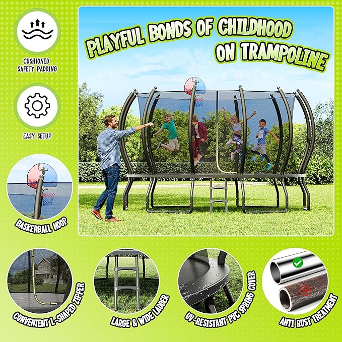 8FT 10FT 12FT 14FT 16FT Trampoline with Pop-up Quick Connector and Basketball Hoop, Trampoline