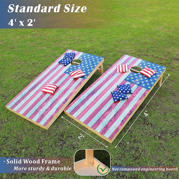 Cornhole Board Set 4FTx2FT Solid Wood Regulation Size Cornhole Set Includes 8 Cornhole Bags for