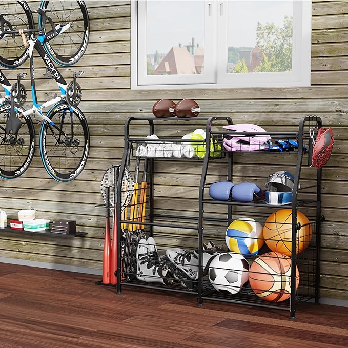 Garage Sports Equipment Organizer - Ball Storage Rack with Elastic Rope or Wire Mesh,Garage