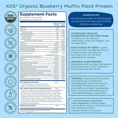 KOS Plant Based Protein Powder, Blueberry Muffin - Organic Pea Protein Superfood with Spirulina and