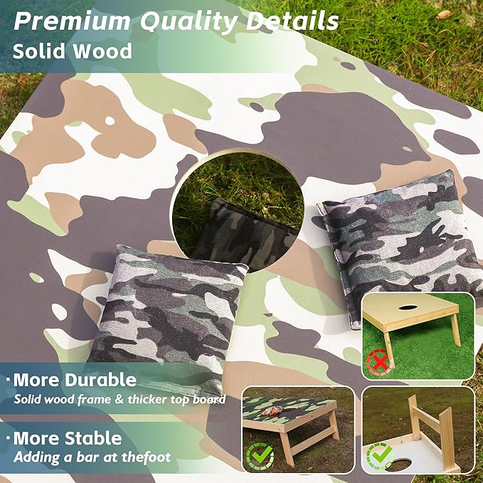 Cornhole Board Set 4FTx2FT Solid Wood Regulation Size Cornhole Set Includes 8 Cornhole Bags for