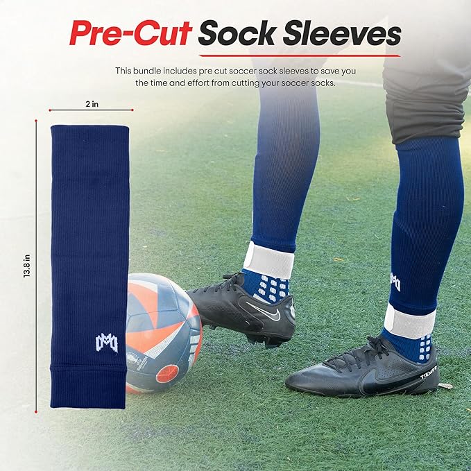 Soccer Grip Socks, Shin Guards, Pre Cut Sock Sleeves, and Guard Straps Bundle Pack - Essential