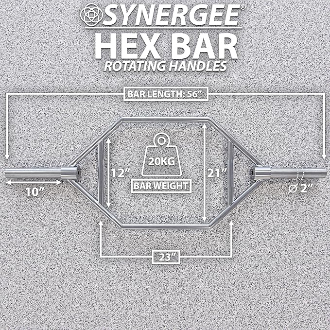 Synergee 20kg and 25kg Chrome or Black Olympic Hex Barbell Trap Bar with Rotating, Flat or Raised