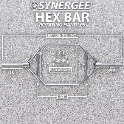Synergee 20kg and 25kg Chrome or Black Olympic Hex Barbell Trap Bar with Rotating, Flat or Raised