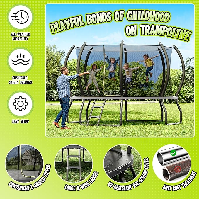 8FT 10FT 12FT 14FT 16FT Trampoline with Pop-up Quick Connector and Basketball Hoop, Trampoline