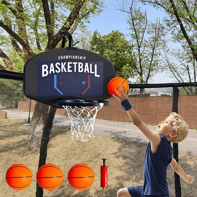 Trampoline Basketball Hoop Attachment, with 3 Mini Balls and Air Pump, Fits All Trampoline Models