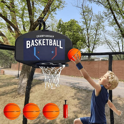 Trampoline Basketball Hoop Attachment, with 3 Mini Balls and Air Pump, Fits All Trampoline Models