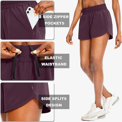 SANTINY Women's Running Shorts with Zip Pockets High Waisted Athletic Workout Gym Shorts for Women