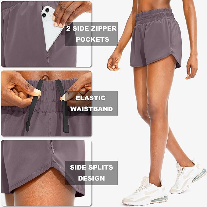 SANTINY Women's Running Shorts with Zip Pockets High Waisted Athletic Workout Gym Shorts for Women