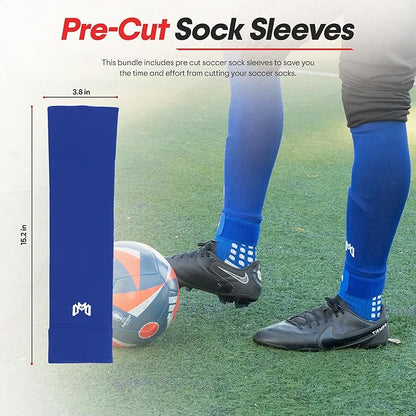 Soccer Grip Socks, Shin Guards, Pre Cut Sock Sleeves, and Guard Straps Bundle Pack - Essential