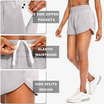 SANTINY Women's Running Shorts with Zip Pockets High Waisted Athletic Workout Gym Shorts for Women