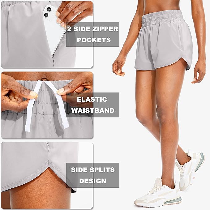 SANTINY Women's Running Shorts with Zip Pockets High Waisted Athletic Workout Gym Shorts for Women