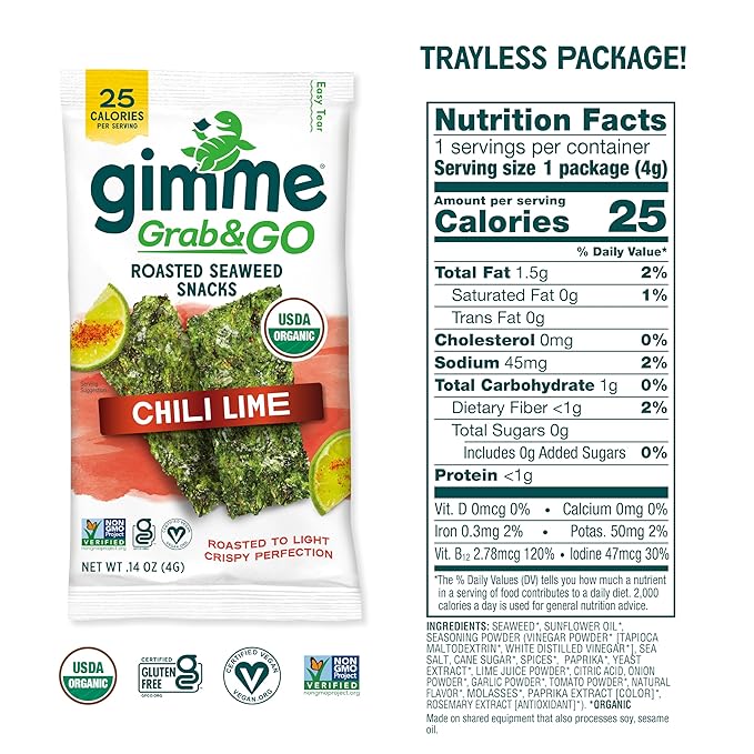 Gimme Seaweed Grab & Go Organic Premium Roasted Seaweed Snacks, Chili Lime, 5 Count Trayless, Keto
