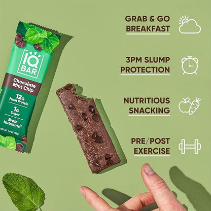 IQBAR Brain and Body Plant Protein Bars - Chocolate Mint Chip - 12-Count Low Carb - Gluten Free