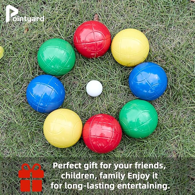 Pointyard 90mm Bocce Ball Set with 8 PE Balls, 1 Pallino, Carrying Bag, Measuring Tape - Family