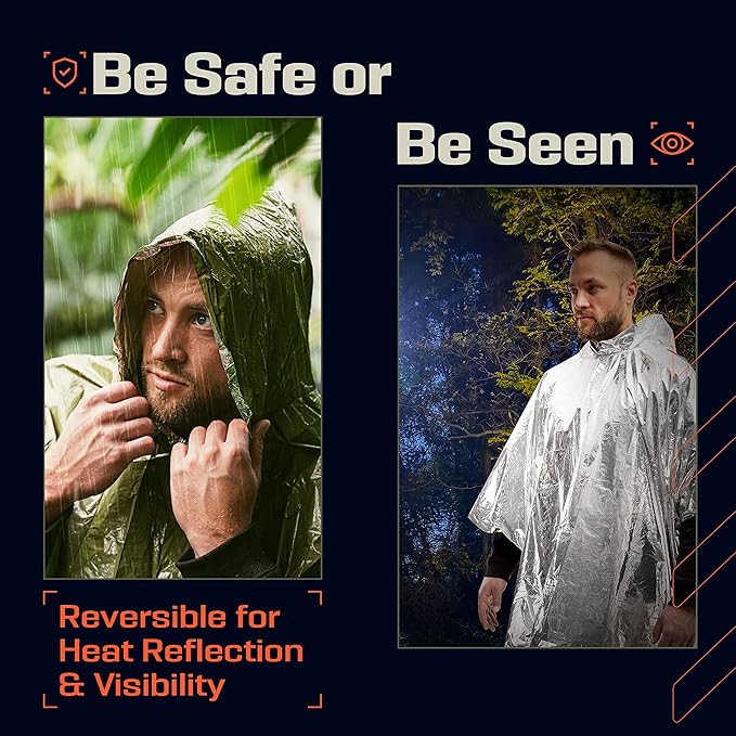 PREPARED4X Emergency Poncho and Mylar Blanket Liner - Waterproof, Wind-Resistant Outdoor Rain