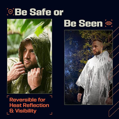 PREPARED4X Emergency Poncho and Mylar Blanket Liner - Waterproof, Wind-Resistant Outdoor Rain