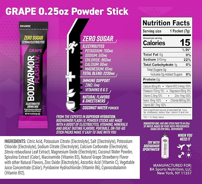 BODYARMOR Flash IV Electrolyte Packets, Grape - Zero Sugar Drink Mix, Single Serve Packs, Coconut