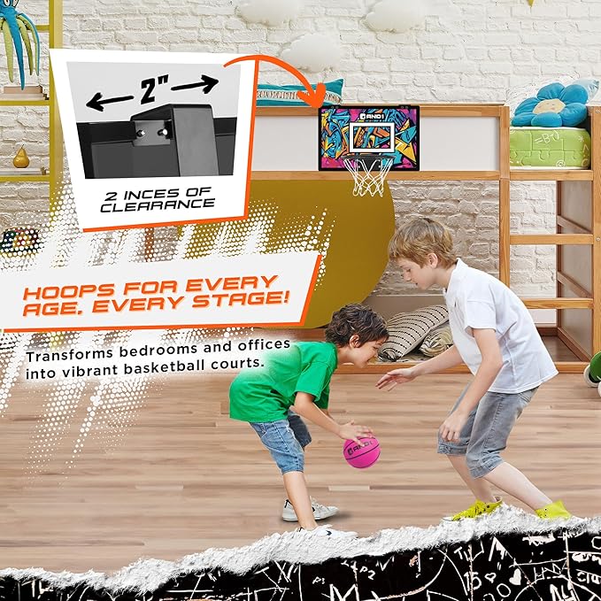 AND1 Over the Door Mini Basketball Hoop: 18x12 Shatterproof Backboard, 2 Mini Basketballs, and Hand