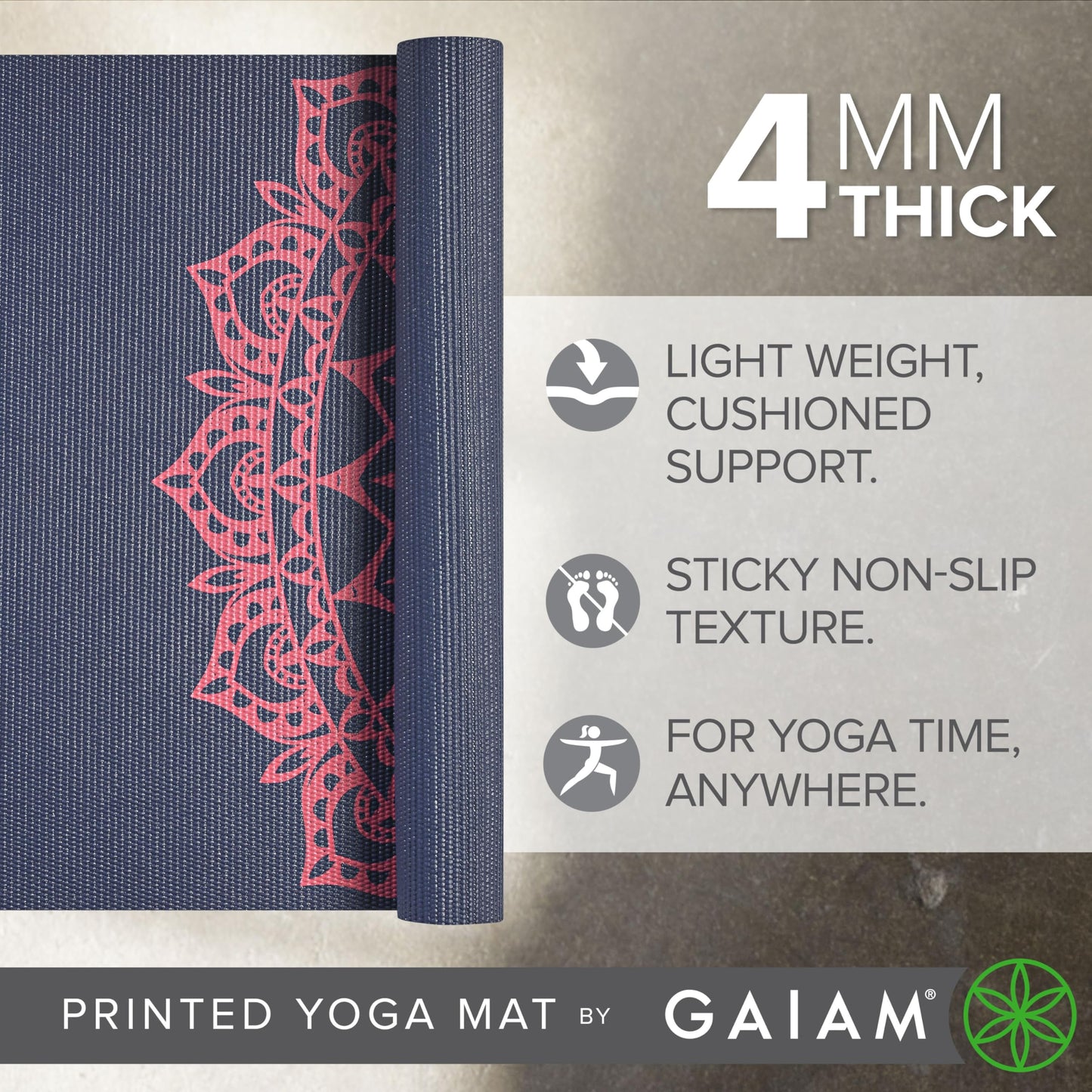 Gaiam Yoga Mat Classic Print, 4mm Non-Slip Mat (Pink Marrakesh)