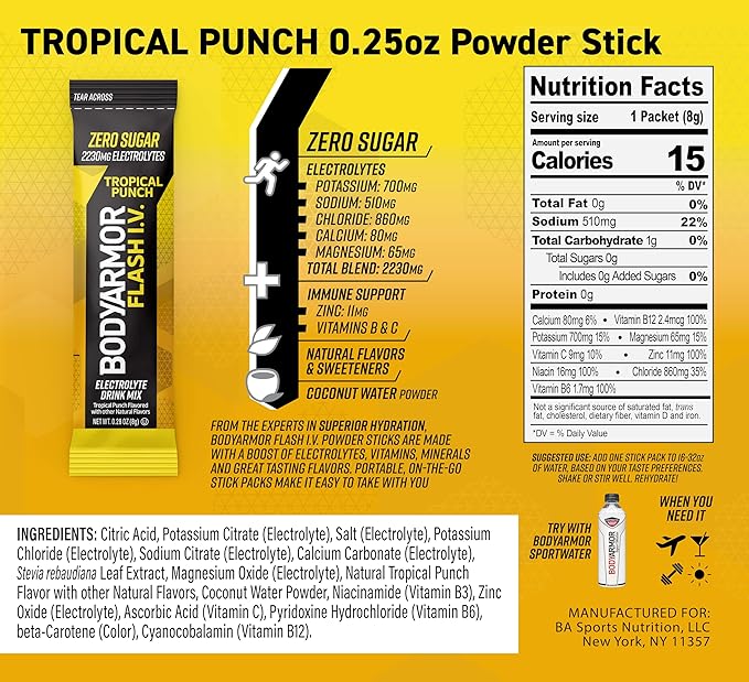 BODYARMOR Flash IV Electrolyte Packets, Tropical Punch - Zero Sugar Drink Mix, Single Serve Packs