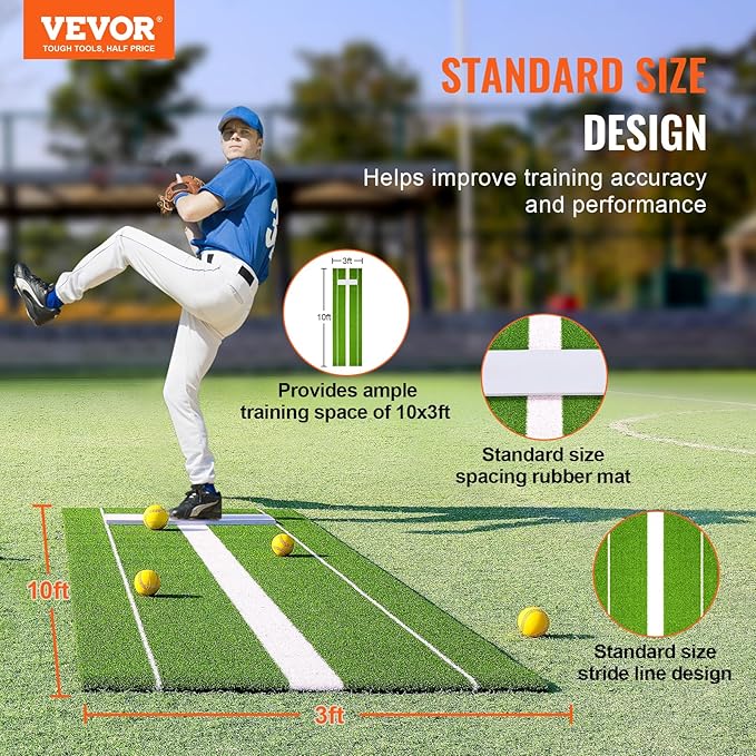 VEVOR 10x3ft Softball/Baseball Pitching Mat with Rubber Mound - Anti-Fade Turf & Anti-Slip Foam