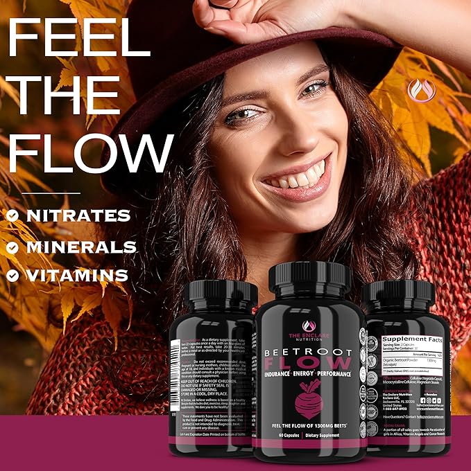 THE ENCLARE NUTRITION Beet Root Powder Capsules, Beetroot 1300mg. Nitric Oxide Supplements for Men