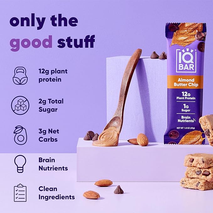 IQBAR Brain and Body Plant Protein Bars - Almond Butter Chip - 24-Count Low Carb - Gluten Free