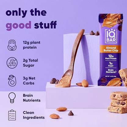 IQBAR Brain and Body Plant Protein Bars - Almond Butter Chip - 24-Count Low Carb - Gluten Free