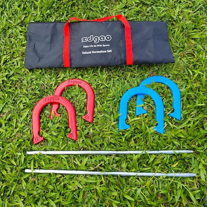 Horseshoes Outside Game Set-Portable Outdoor Horseshoe Set Includes 4 Professional Solid Steel