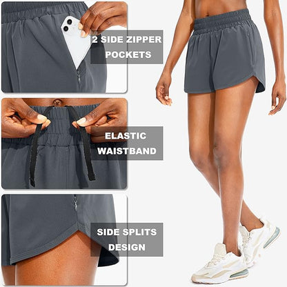 SANTINY Women's Running Shorts with Zip Pockets High Waisted Athletic Workout Gym Shorts for Women