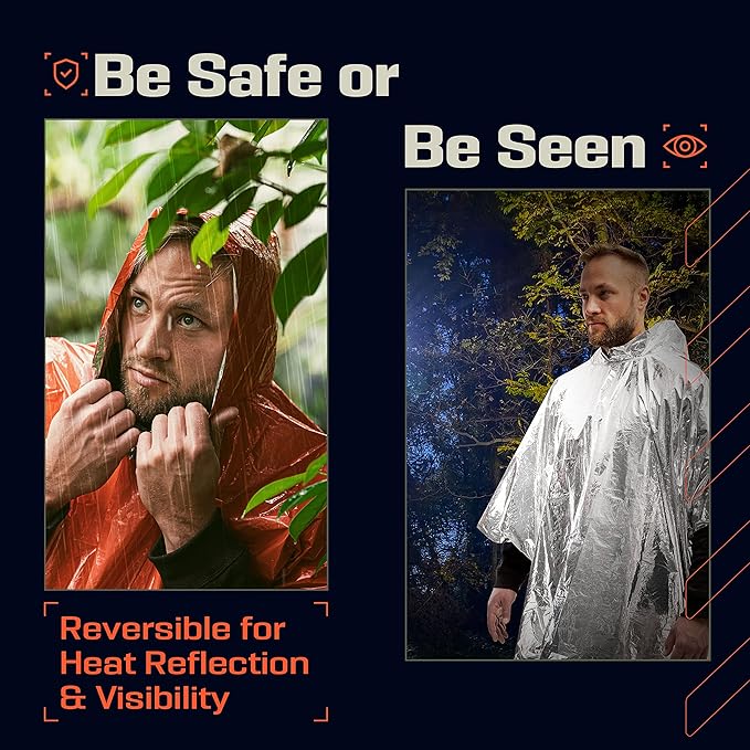 PREPARED4X Emergency Poncho and Mylar Blanket Liner - Waterproof, Wind-Resistant Outdoor Rain