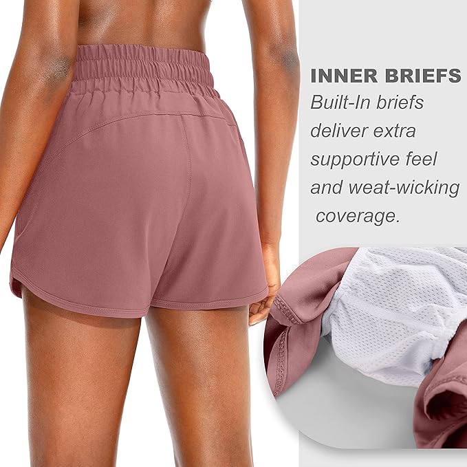 SANTINY Women's Running Shorts with Zip Pockets High Waisted Athletic Workout Gym Shorts for Women
