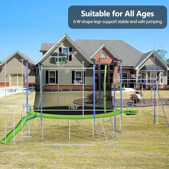 12FT 14FT Trampoline with Slide and Swings, ASTM Approved Outdoor Trampoline with Basketball Hoop