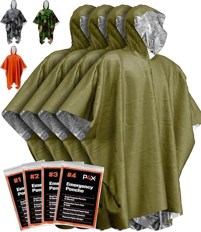 PREPARED4X Emergency Poncho and Mylar Blanket Liner - Waterproof, Wind-Resistant Outdoor Rain