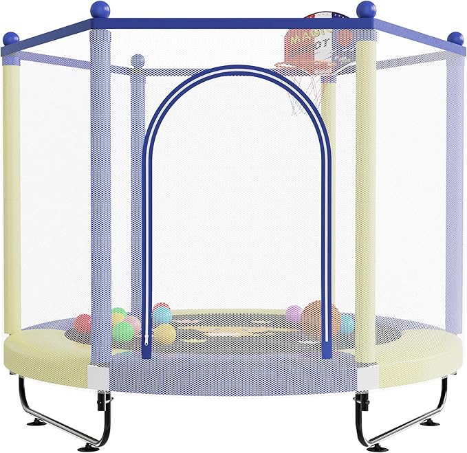60" Trampoline for Kids, 5 FT Indoor & Outdoor Toddler Baby Trampoline with Basketball Hoop, Safety