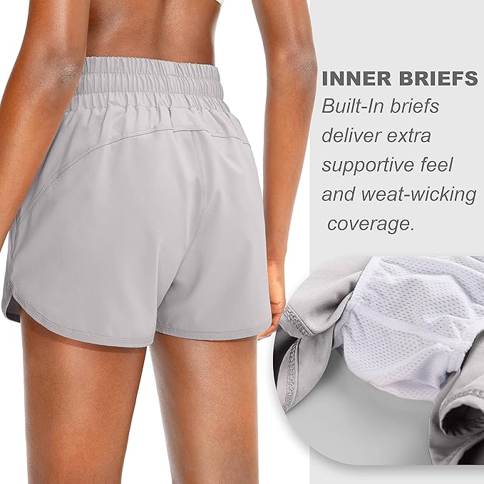 SANTINY Women's Running Shorts with Zip Pockets High Waisted Athletic Workout Gym Shorts for Women