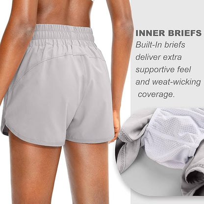 SANTINY Women's Running Shorts with Zip Pockets High Waisted Athletic Workout Gym Shorts for Women