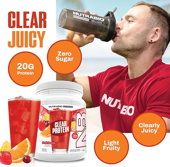 NutraBio Clear Protein Powder, Fruit Punch - 20 Servings, 20g Clear Whey Protein Isolate, 0 Sugar