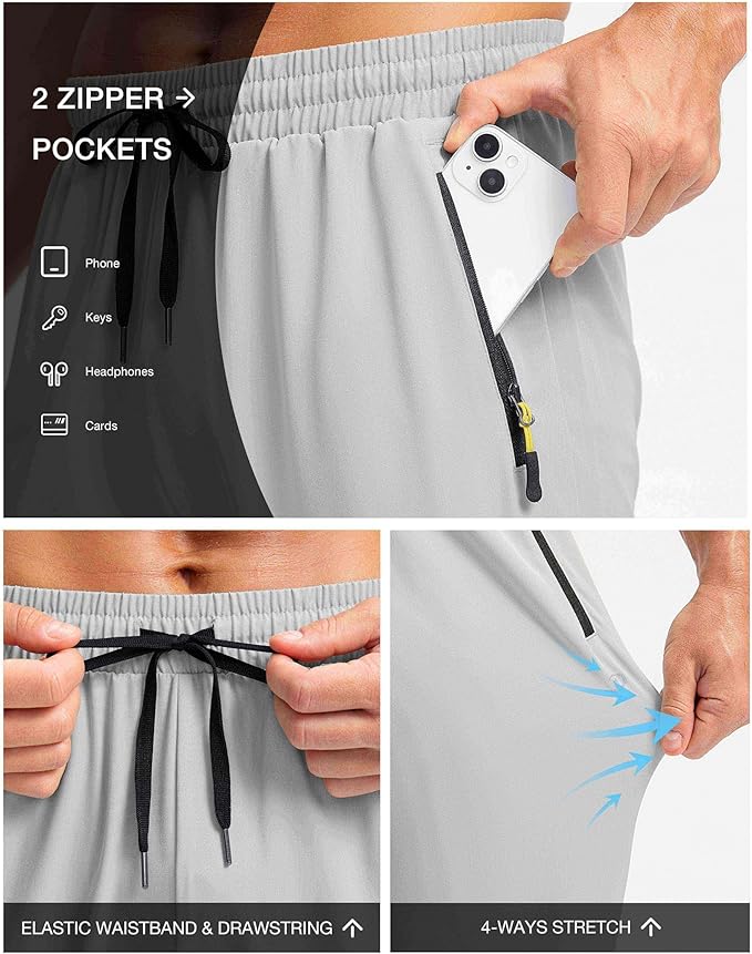 Pudolla Men's Lightweight Hiking Pants Quick-Dry Outdoor Sweatpants with Zipper Pockets for Casual