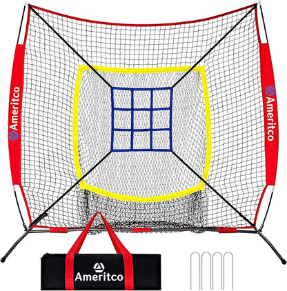 7x7ft Baseball Net with Strike Zone, Large Pocket Baseball Training Net for