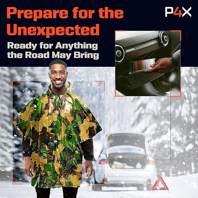 PREPARED4X Emergency Poncho and Mylar Blanket Liner - Waterproof, Wind-Resistant Outdoor Rain