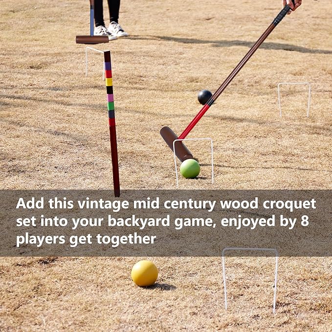 Croquet Set for Adults - 8 Players Croquette Kit with 32In Regulation, 35In Deluxe Size Rubber Wood