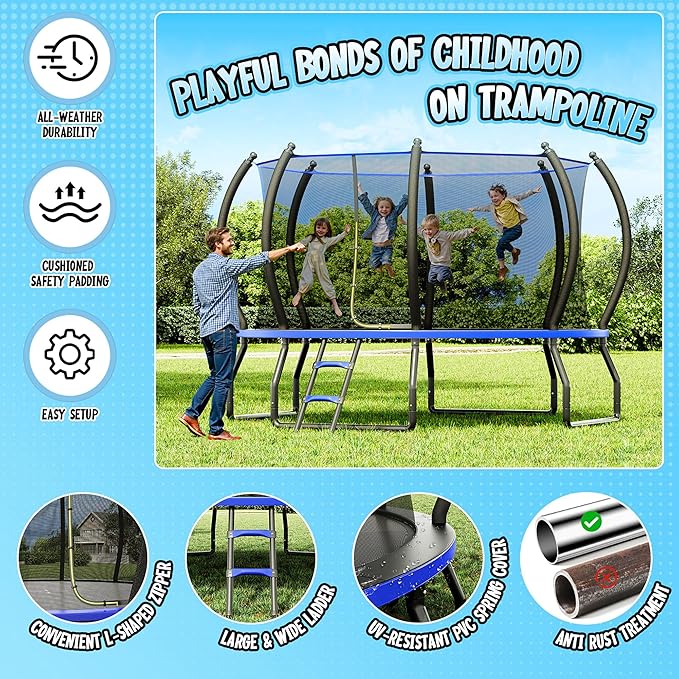 8FT 10FT 12FT 14FT 16FT Trampoline with Pop-up Quick Connector and Basketball Hoop, Trampoline