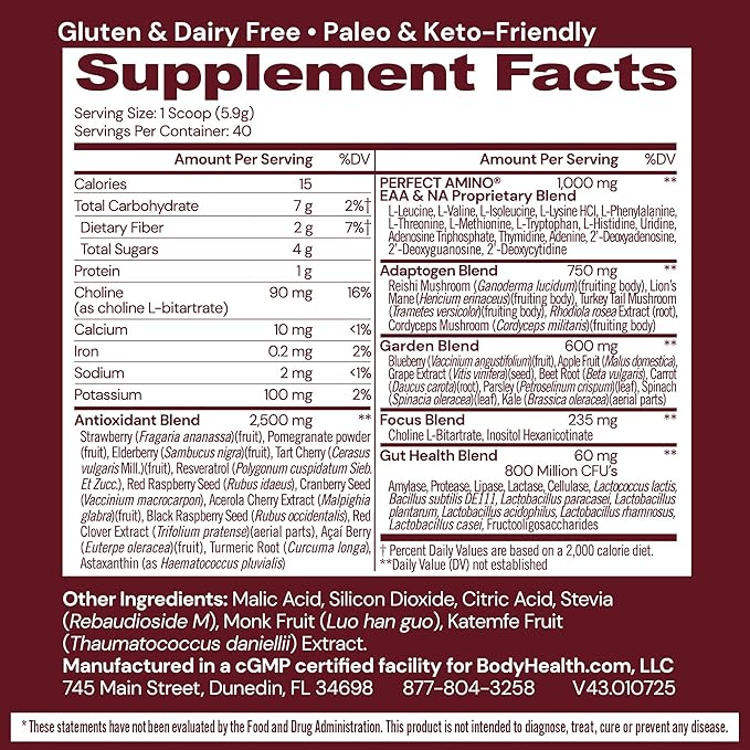 BodyHealth Reds Enhanced with PerfectAmino - Daily Superfood Smoothie Powder with Antioxidants