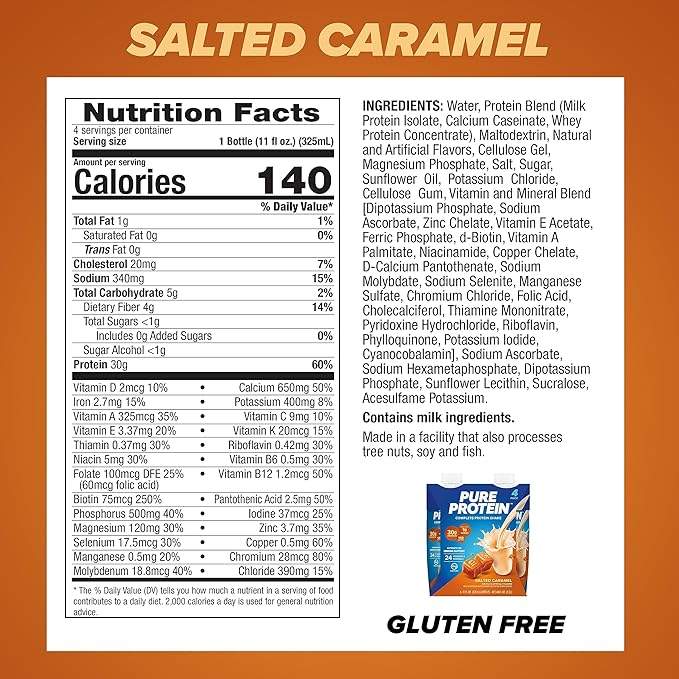Pure Protein Salted Caramel Shake, Ready to Drink and Keto-Friendly, Vitamins A, C, D, and E Plus